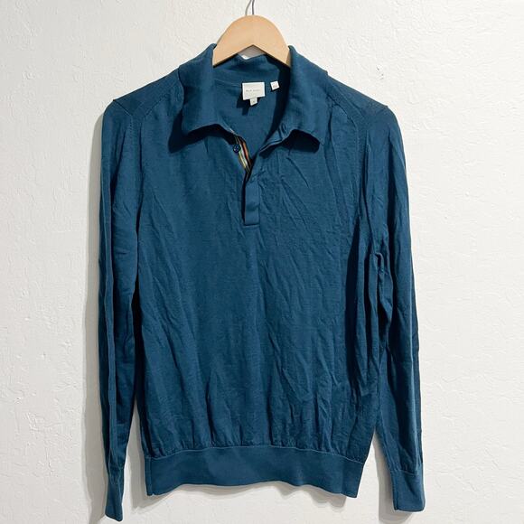 Paul Smith Sweater Mens Medium Button Collar Blue Merino Wool Lightweight Knit - Picture 1 of 5